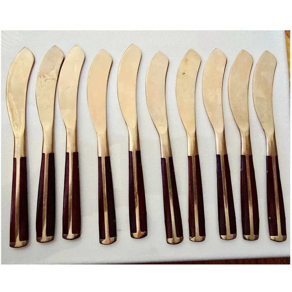 Vintage MCM Jean Claude Style Rosewood Brass Bronze Flatware KNIVES 10pcs READ